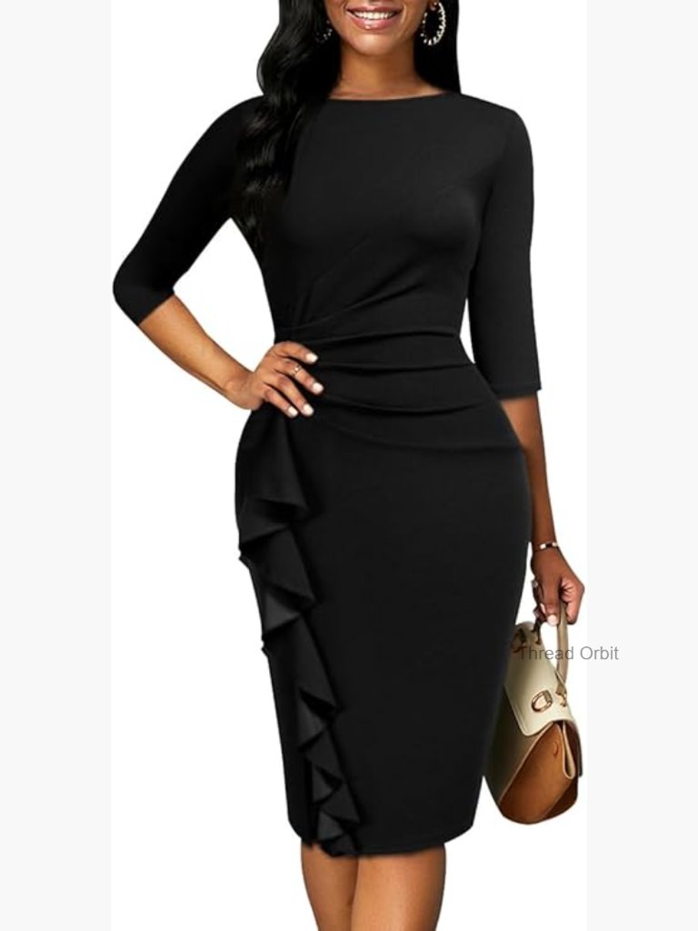 3/4 Sleeve Bodycon Ruffle Midi Dress For Work And Church